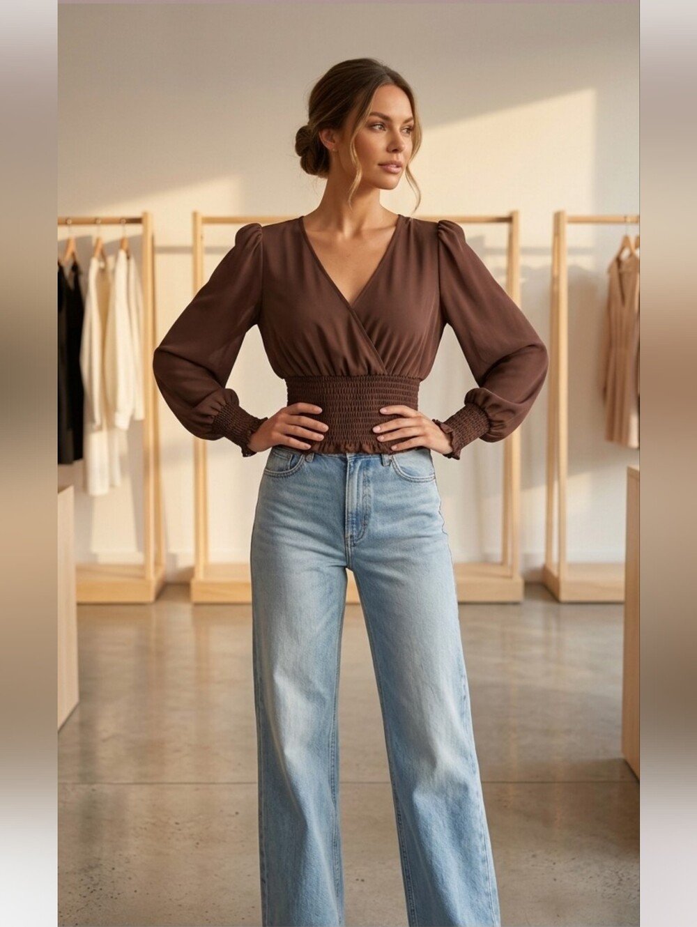No Comment Brown Smocked Waist Blouse Puff Sleeve V-Neck Medium NWT